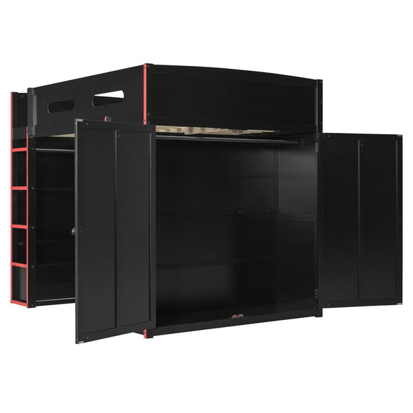 English Elm Full Size Gaming Loft Bed with Rgb Lighting Desk Wardrobe and Built-in Storage Red LT100261AAR