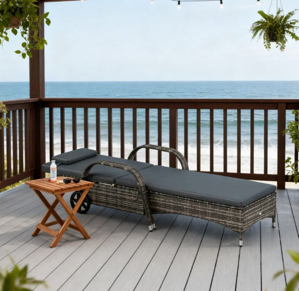 English Elm Adjustable Pe Rattan Outdoor Chaise Lounge with Wheels Cushion and Resort Style T3971P418405