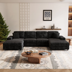 English Elm Convertible U-Shaped Sofa In Soft Corduroy Fabric - Modern 4-Seater For Stylish Living Room Comfort W1793S00033