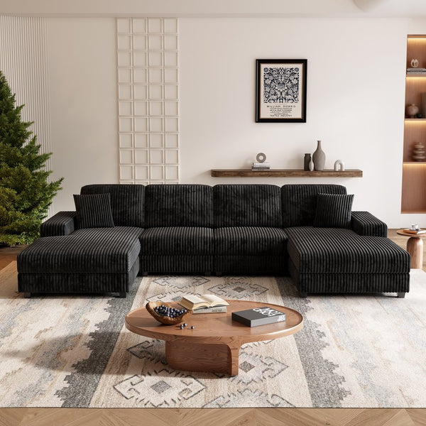 English Elm Convertible U-Shaped Sofa In Soft Corduroy Fabric - Modern 4-Seater For Stylish Living Room Comfort W1793S00033