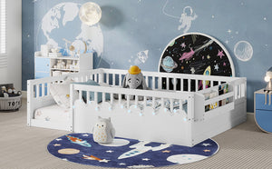 English Elm Full Montessori floor bed offering high rails, built-in light and shelf for safe independent sleep and storage White 79.13 L x 13 W x 6.3 H W2593P333586