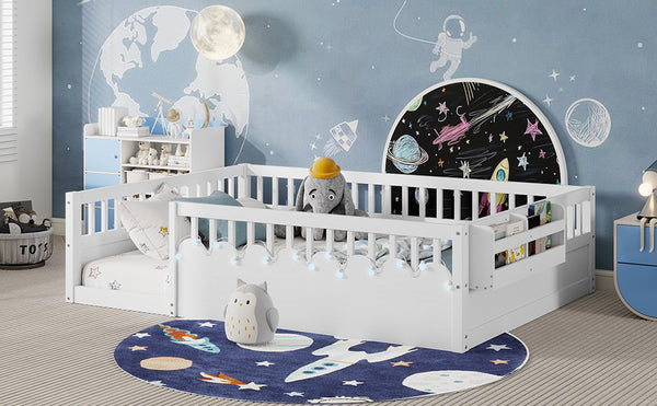 English Elm Full Montessori floor bed offering high rails, built-in light and shelf for safe independent sleep and storage White 79.13 L x 13 W x 6.3 H W2593P333586