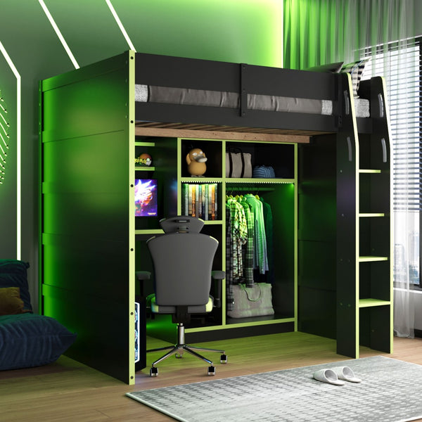 English Elm Full Size Loft Bed with Rgb Lighting Desk Open Wardrobe and Storage for Gaming Rooms Green LT000277AAG
