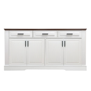 English Elm 63" Fluted Mdf Sideboard with Wood Tone Top Four Doors Three Drawers Dining Storage White W2917S00011