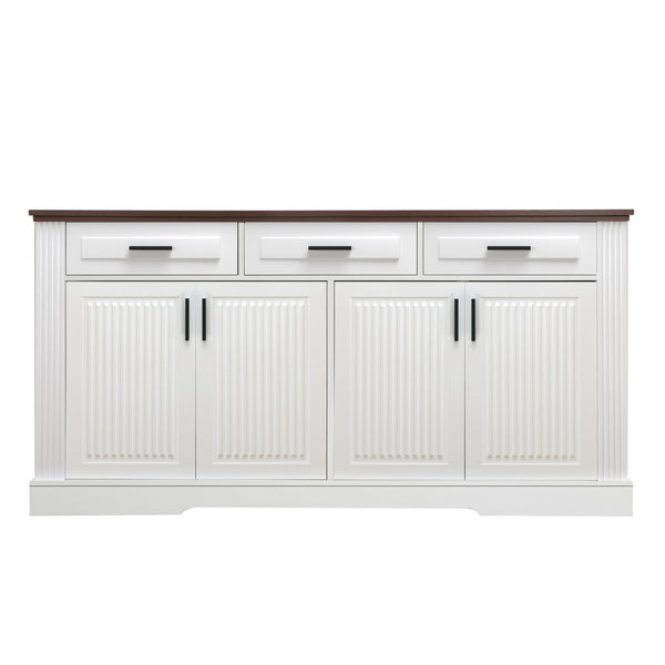 English Elm 63" Fluted Mdf Sideboard with Wood Tone Top Four Doors Three Drawers Dining Storage White W2917S00011