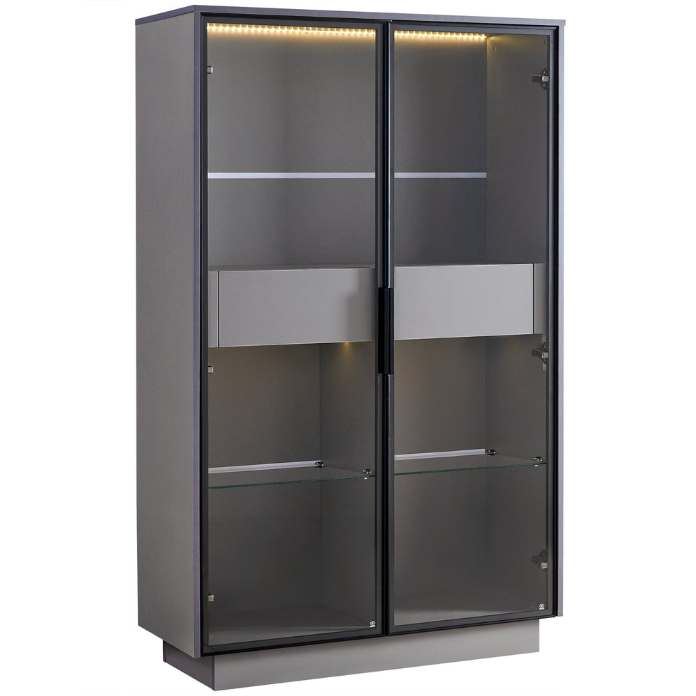 English Elm 60.6'' Contemporary Display Cabinet with LED Lighting, Tempered Glass Doors, Adjustable Shelves & Drawers - Grey, Modern Freestanding Storage for Living Room, Office, Kitchen N845P261799E