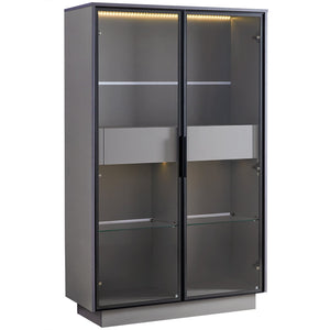 English Elm 60.6'' Contemporary Display Cabinet with LED Lighting, Tempered Glass Doors, Adjustable Shelves & Drawers - Grey, Modern Freestanding Storage for Living Room, Office, Kitchen N845P261799E