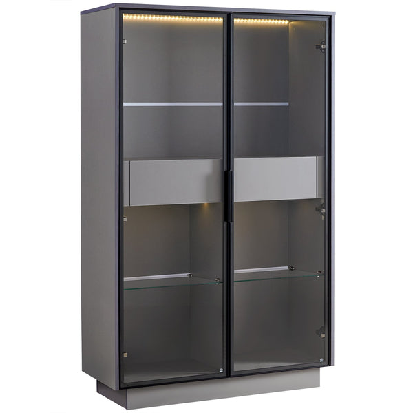 English Elm 60.6'' Contemporary Display Cabinet with LED Lighting, Tempered Glass Doors, Adjustable Shelves & Drawers - Grey, Modern Freestanding Storage for Living Room, Office, Kitchen N845P261799E