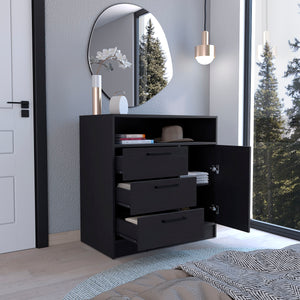 English Elm Omaha Dresser with 3 Spacious Drawers and Single Cabinet Storage, Sleek Pulls, Durable Wood Finish Black 38 L x 25 W x 4 H B070S00226