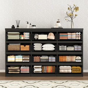 English Elm 12 Drawer Wide Double Dresser Modern Symmetrical Wood Storage Chest for Bedroom Black W409S00016