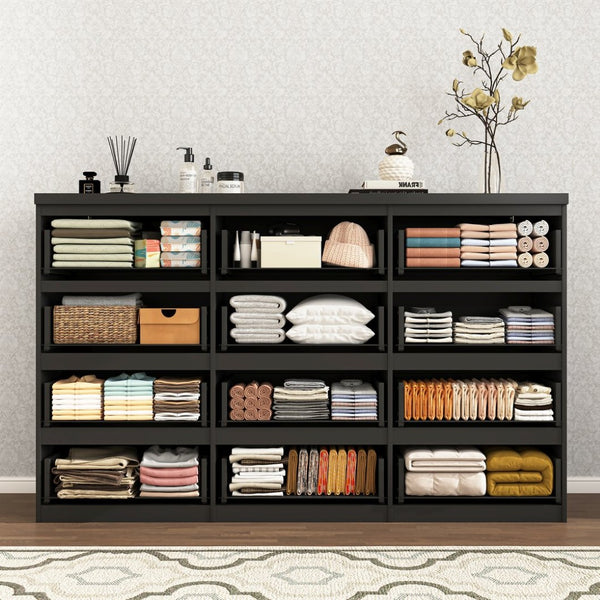 English Elm 12 Drawer Wide Double Dresser Modern Symmetrical Wood Storage Chest for Bedroom Black W409S00016