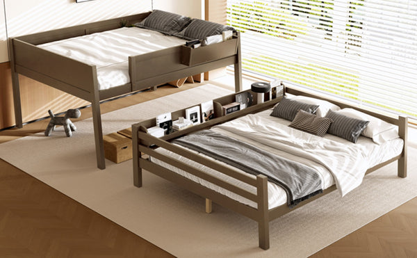 English Elm Queen Over Bunk Bed Pine Frame with Built in Shelving Detachable Vintage Style Brown W5316S00015