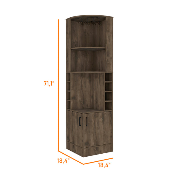 English Elm Seattle Corner Bar Cabinet with 8 Bottle Cubbies, Glass Racks & 2 Open Display Shelves — Modern Elegance B128P176131