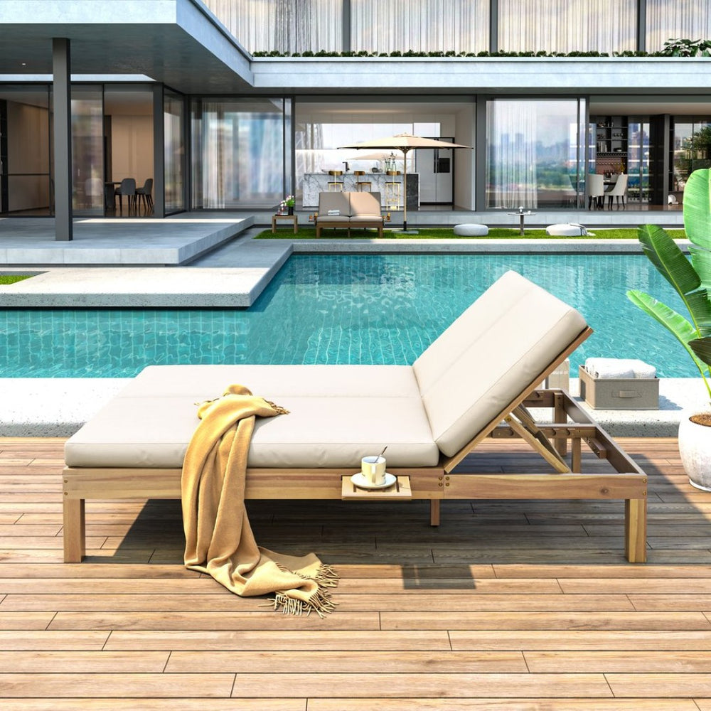 English Elm Trexm Acacia Wood Double Chaise Lounge Outdoor with Folding Trays and Foam Cushions TM000015AAD