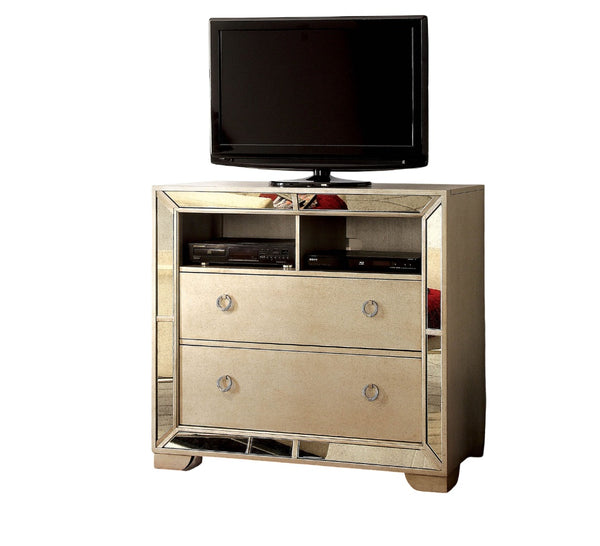 English Elm Unique Luxury Media Chest 46" W Champagne Gray Finish with Antique Mirror Panels, Tufted Glam Design, Ring Pulls B2741P367198