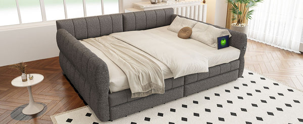 English Elm Queen Lambswool Platform Bed with Usb Charging Armrests and Under Storage Drawers Gray N7500000601E