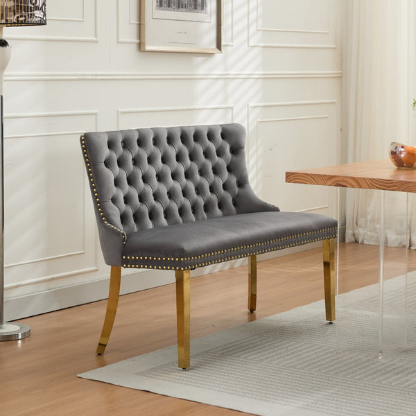English Elm Velvet Wingback Dining Bench Tufted Two Seat Mid Century Modern Brushed Steel Base Gray W1143P406978