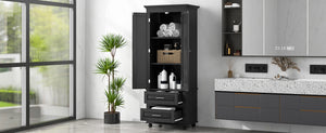 English Elm Tall Slim Storage Cabinet with Adjustable Shelves, 2 Drawers & Doors, Anti-Tip Design for Bathroom Black WF299284AAB