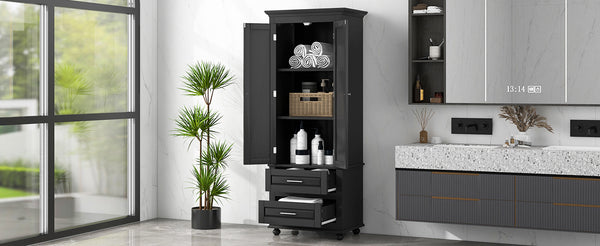 English Elm Tall Slim Storage Cabinet with Adjustable Shelves, 2 Drawers & Doors, Anti-Tip Design for Bathroom Black WF299284AAB