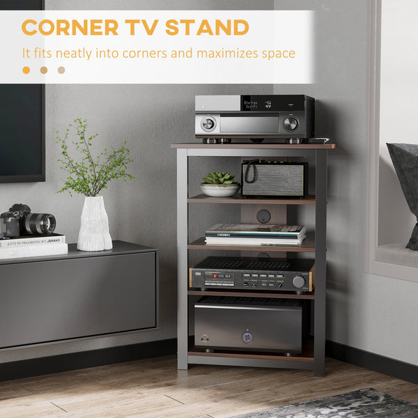 English Elm HOMCOM Corner TV Stand with 4-Tier Shelves, Steel Frame Media Console, Cable Management, Brown W2225P217441