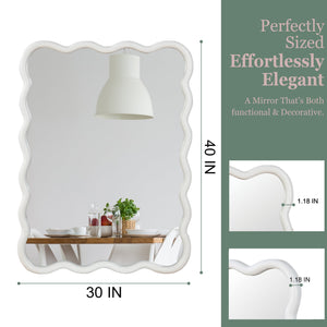 English Elm White 30"x40" Wavy Rectangle Solid Wood Frame Mirror - Tempered Glass, Rustic Chic Wall Decor for Entryway W2203P389066