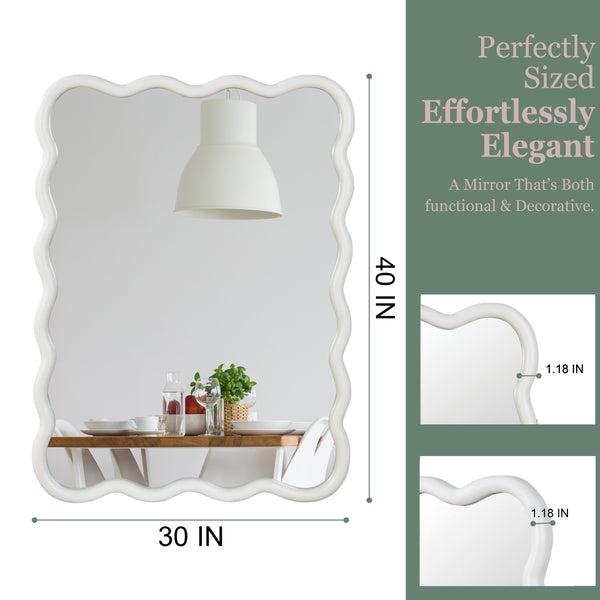 English Elm White 30"x40" Wavy Rectangle Solid Wood Frame Mirror - Tempered Glass, Rustic Chic Wall Decor for Entryway W2203P389066