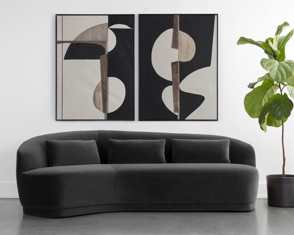 Sunpan Soraya Sofa - Curved Elegance for Modern Living Rooms with Stylish Wooden Frame and Cozy Pillows Shadow Grey