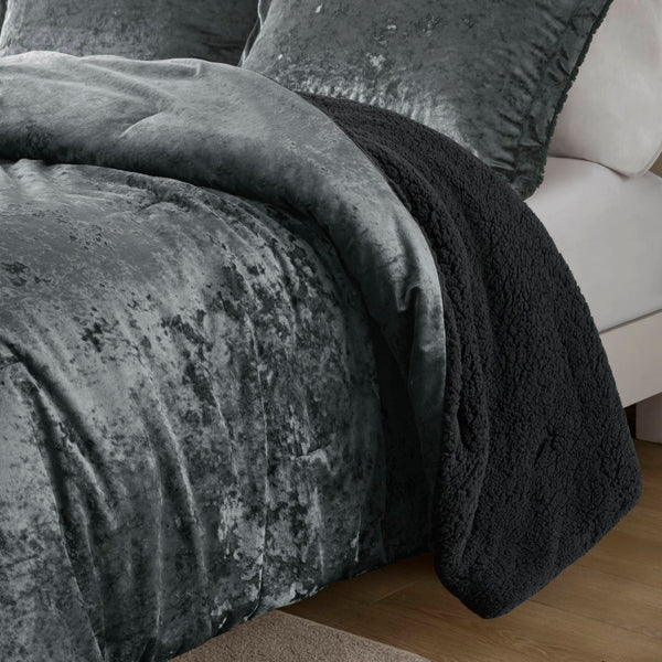 English Elm 3 Piece Crushed Velvet Reversible Comforter Set Full Queen Luxe Hypoallergenic Bedding Charcoal B035P319857