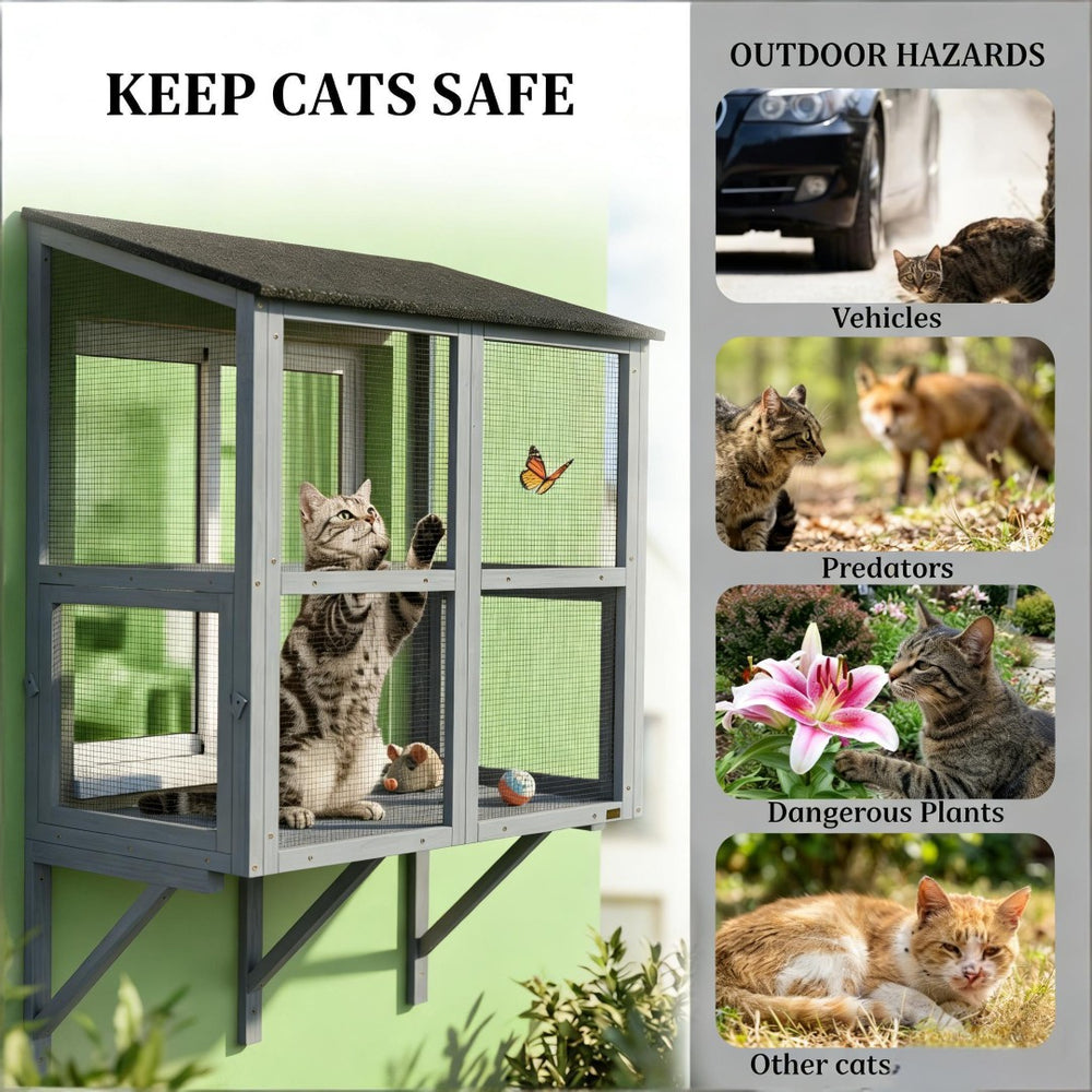 English Elm Window Mounted Fir Wood Catio Double Tier Outdoor Cat Enclosure with Mesh Roof T3971P481590
