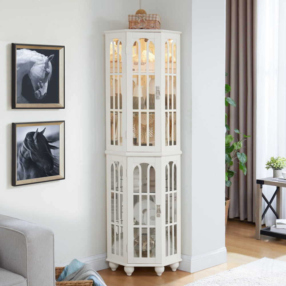 English Elm Corner Curio Cabinet with 6 Shelves, Tempered Glass Display, Built-In Lighting, Mirrored Back White W1693P216951
