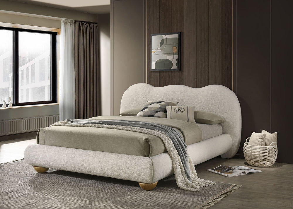 English Elm White Boucle King Bed Camelback Headboard Natural Bun Feet Contemporary Bedroom B2741S00829