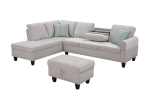 English Elm Black Faux Leather Sectional Sofa with Cup Holders Storage Ottoman and Nailhead Trim Light Gray B2730S00023