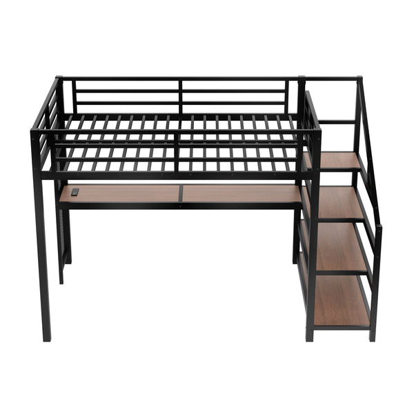 English Elm Full Loft Bed With Integrated Desk, Storage Stairs, Led Lights & Usb Ports For Modern Spaces W1580S00478