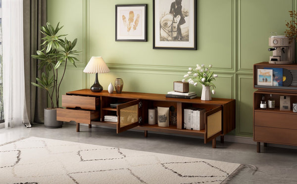English Elm 78 Inch Rattan Media Console with Rubberwood Legs Walnut Finish Living Room Storage N710P407810P