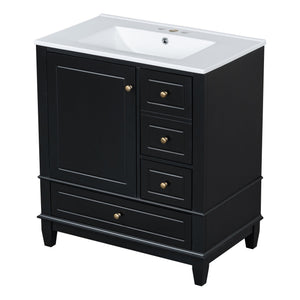English Elm Christopher Knight Home® - 30" Freestanding Bathroom Vanity with Ceramic Sink, Soft-Close Door, Gold Knobs & 3 Drawers, Durable Painted Finish Black N759P225994B