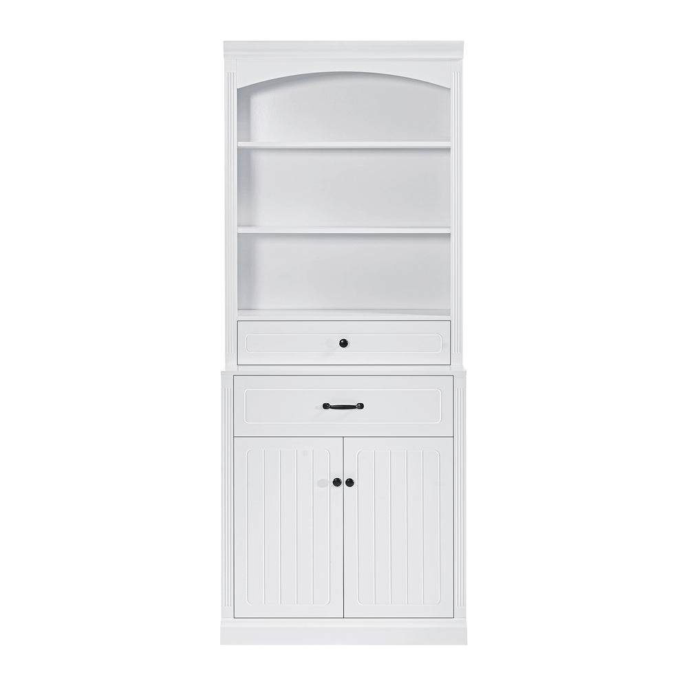 English Elm White Bathroom Storage Cabinet with Zinc Knob Doors, 4 Drawers, 6 Open Shelves & Adjustable Tiers for Organized Space (63"x10.8"x78.7") N725S252486K