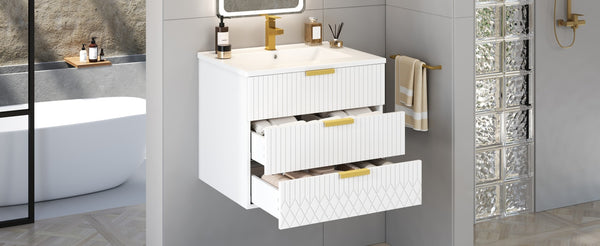 English Elm 24inch Bathroom Vanity with Ceramic Basin Sink, Wall-Mounted Double Drawer Cabinet for Small Baths White N710P324097K