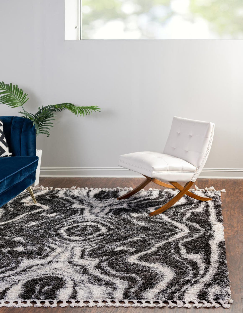 Unique Loom Hygge Shag Valley Machine Made Abstract Rug Black and White, Gray 7' 10" x 7' 10"