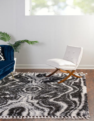 Unique Loom Hygge Shag Valley Machine Made Abstract Rug Black and White, Gray 7' 10" x 7' 10"