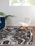 Unique Loom Hygge Shag Valley Machine Made Abstract Rug Black and White, Gray 7' 10" x 7' 10"