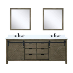 English Elm Rustic Brown Double Bath Vanity 80" W x 22" D with White Quartz, Matte Black Faucets & 30" Mirrors B2731S01078