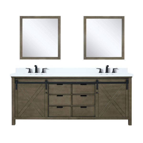 English Elm Rustic Brown Double Bath Vanity 80" W x 22" D with White Quartz, Matte Black Faucets & 30" Mirrors B2731S01078