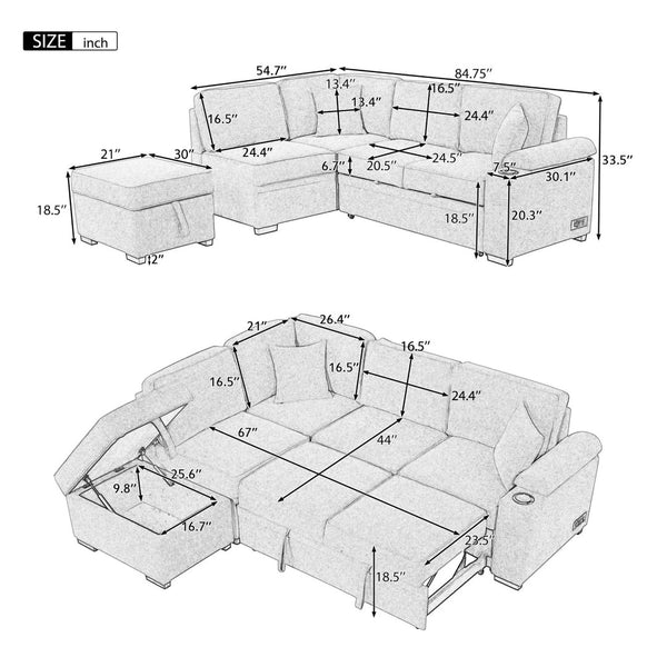 English Elm 84.75" Linen Sectional Sleeper Sofa with Storage Ottoman for Apartment Living SG000550AAE