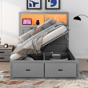 English Elm Wood Full Size Hydraulic Platform Bed with LED Headboard, Charging Station, Hidden Storage Drawers and Shelves Gray GX000371AAE