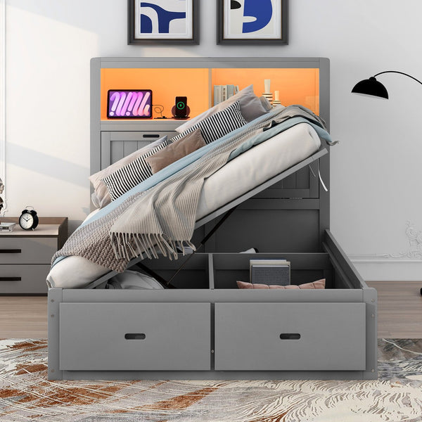 English Elm Wood Full Size Hydraulic Platform Bed with LED Headboard, Charging Station, Hidden Storage Drawers and Shelves Gray GX000371AAE