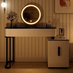 English Elm Modern Glass Top Vanity Table with Adjustable Legs Storage Cabinet and Round Mirror W3767P442396