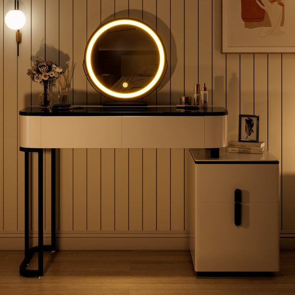 English Elm Modern Glass Top Vanity Table with Adjustable Legs Storage Cabinet and Round Mirror W3767P442396