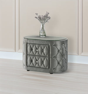 English Elm Luxurious Gray Oval Nightstand With Plush Tufted Upholstery & Tempered Glass Top - 2 Drawers! B2741P321011