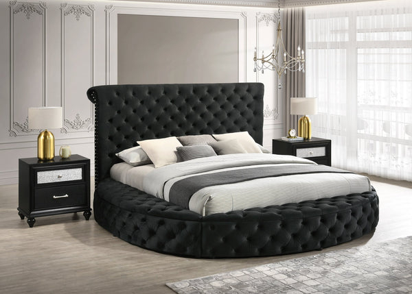 English Elm Unique Round Plush Velvet Button-Tufted Storage Bed Queen with Studded Headboard and 2 Nightstands Set Black 54.75 L x 79.5 W x 8.25 H B2741S00147