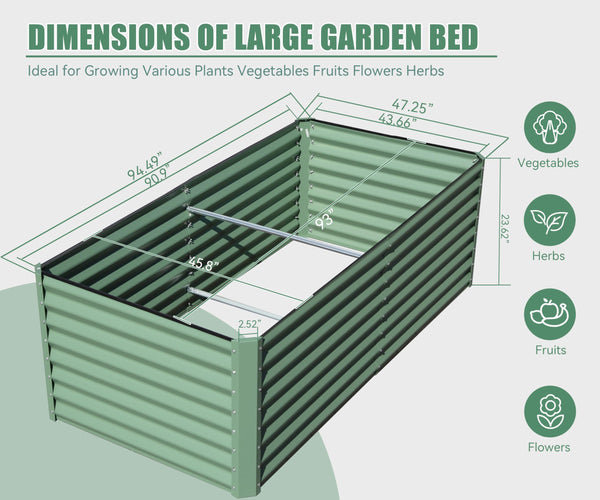 English Elm 8x4x2 Galvanized Raised Garden Bed with Rust-Resistant Steel, Open-Base Drainage, Support Rods, Safe Edges Green W1859P198006